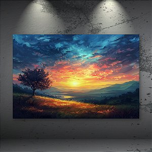 Quadro Decorativo Paisagem Pôr do Sol Árvore Solitária e Montanhas 6251
