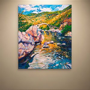 Quadro Decorativo Paisagem Rio Montanhas Ponte de Pedra e Céu Azul 6261