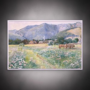 Quadro Decorativo Paisagem Rural com Montanhas, Vila e Cavalos na Fazenda 6269