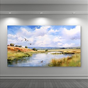 Quadro Decorativo Paisagem Rural Rio Voo de Pássaros e Céu Azul 6217