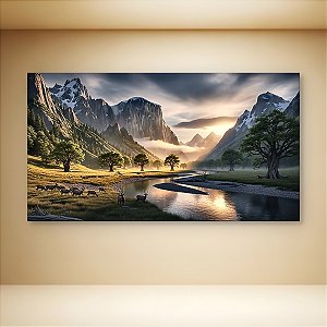 Quadro Decorativo Paisagem Vale Alpino Rio Montanhas e Cervos ao Amanhecer 6270