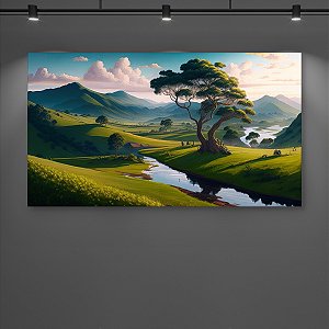 Quadro Decorativo Paisagem Vale Verde Árvore Centenária e Rio ao Pôr do Sol 6216