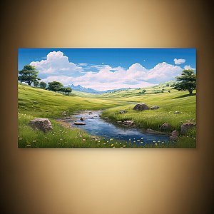 Quadro Decorativo Paisagem Vale Verdejante Rio Córrego e Montanhas Ao Fundo 6262