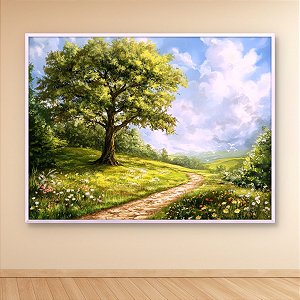 Quadro Decorativo Paisagem Árvore Gigante Caminho Florido e Céu Ensolarado 6234