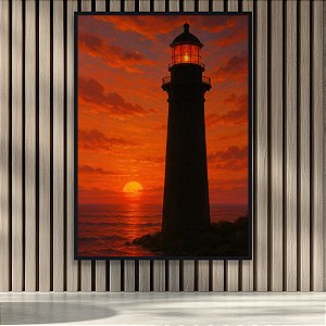 Quadro Decorativo Farol Marítimo ao Pôr do Sol com Céu Vermelho e Mar 6290