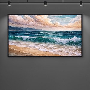 Quadro Decorativo Paisagem Marinha Praia Ondas e Montanhas Aquarela 6283