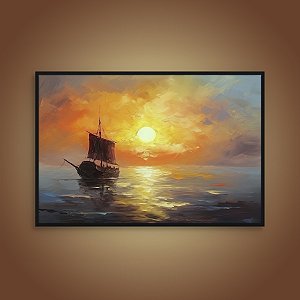Quadro Decorativo Navio Viking no Mar ao Pôr do Sol Estilo Impressionista 6404