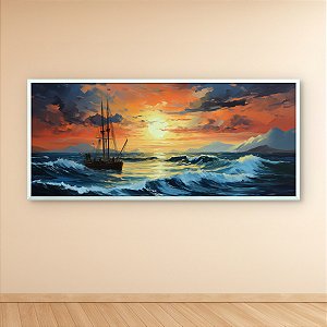 Quadro Decorativo Paisagem Marinha Navio ao Pôr do Sol e Montanhas ao Fundo 6393