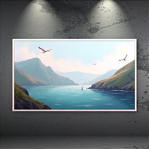 Quadro Decorativo Paisagem Marítima Montanhas Veleiro e Gaivotas Minimalista 6400