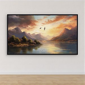 Quadro Decorativo Paisagem Montanhas ao Pôr do Sol Lago e Aves em Voo 6402