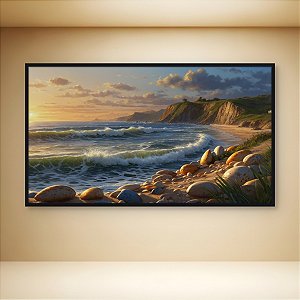 Quadro Decorativo Paisagem Praia Pôr do Sol Ondas Mar e Rochas Costa 60x40 6417
