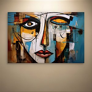 Quadro Decorativo Abstrato Moderno Rosto Estilo Cubista em Tons Azul e Ouro 6423
