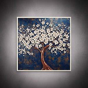 Quadro Decorativo Árvore da Vida Flores Brancas Metalizada Fundo Azul Luxo 6432