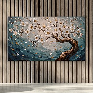 Quadro Decorativo Árvore de Cerejeira Flores Brancas e Douradas 3D Arte 6426