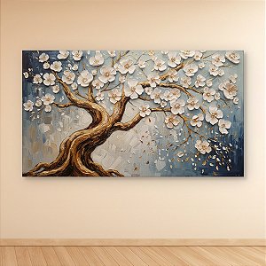 Quadro Decorativo Árvore de Flores Brancas com Detalhes Dourados e Relevo 6433