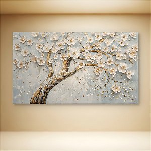 Quadro Decorativo Árvore de Flores Brancas Galhos Dourados Arte Texturizada 6434