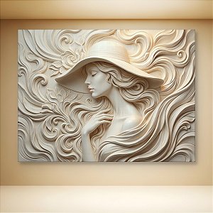 Quadro Decorativo Mulher com Chapéu e Flores em Relevo Esculpido Bege 6449