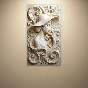 Quadro Decorativo Relevo Escultura Mulher com Chapeu e Flores em Mármore 6444