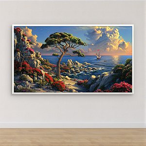 Quadro Decorativo Paisagem CostEira Mar Navio e Arvore Exotica 6386