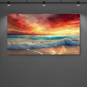 Quadro Decorativo Praia e Mar Pôr do Sol Céu Vermelho e Ondas 6394