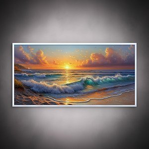 Quadro Decorativo Praia e Mar Pôr do Sol Dourado e Ondas 6414