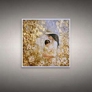 Quadro Decorativo Mulheres Mãe e Filho em Relevo Dourado com Flores 6420