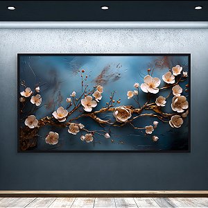 Quadro Decorativo Florais Flores Brancas e Galhos Dourados em Fundo Azul 6424