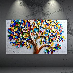 Quadro Decorativo Árvore Abstrata Colorida com Folhas em Relevo Dourado 6435
