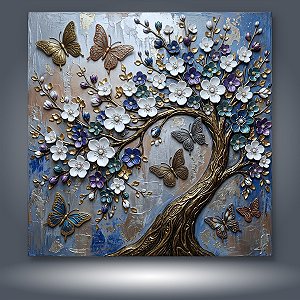 Quadro Decorativo Árvore da Vida com Flores e Borboletas em Relevo 3D 6439