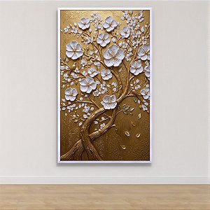 Quadro Decorativo Árvore Dourada com Flores Brancas em Alto Relevo 6440