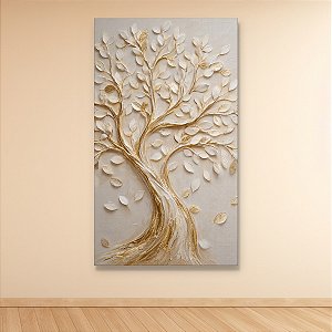 Quadro Decorativo Árvore Texturizada 3D com Folhas Douradas e Brancas 6436
