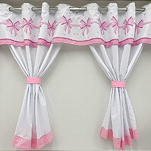 Cortina Cozinha Bandô Laços Rosa 2,20m x 1,20m alt.