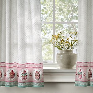 Cortina Cozinha Simples 2,20m x 1,40m - Linda Estampa Cupcake Rosa Digital