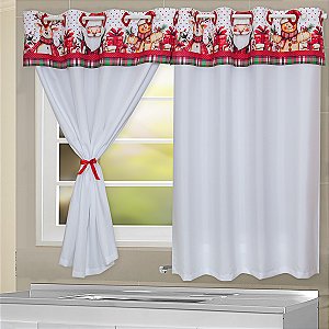 Cortina Cozinha C/ Bandô Digital 2,60m x 1,40m - Estampa Natal Papai Noel Vermelho