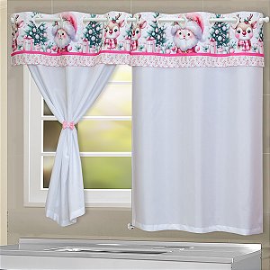 Cortina Cozinha C/ Bandô Decoração Natalina 2,20m x 1,20m - Natal Papai Noel Rosa