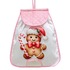 Puxa Saco/Guarda Sacolas -Coleção Estampa Digital Natal Rosa Boneco Gengibre