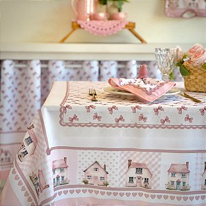 Toalha Para Mesa de 4 Lugares 1,45m x 1,35m Estampa Digital Casinhas Rosê