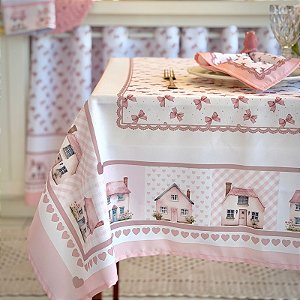 Toalha Para Mesa de 6 Lugares 2,20 x 1,35m - Estampa Digital Casinhas Rosê