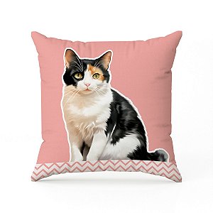 01 ​Capa de Almofada Decorativa Gato Tricolor Rosa Zíper Invisível.