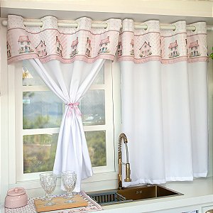 Cortina Cozinha Bandô 2,60m x 1,20m. Coleção Digital Casinhas Rosê