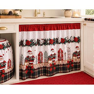 Cortina de pia p/ Cozinha 2,20mx80cm Estampa Natal Papai Noel Xadrez