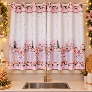 Cortina Cozinha Simples 2,20m x 1,40m - Coleção Natal Papai Noel Rosa