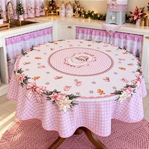 Toalha Redonda 4 Lugares 1,45m Estampa Papai Noel Rosa Natal