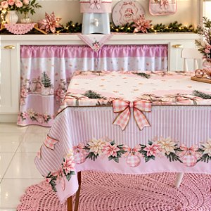 Toalha de Mesa 2,20m X 1,35m - Para 6 Lugares Papai Noel Rosa Natal