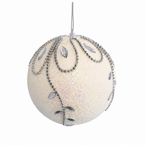 Bola de Natal 15cm Branca com Glitter Furtacor Pedras Sintética e Cordões Prata