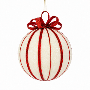 Bola Natalina Off White Revestida com Glitter e Fitas Vermelhas 15cm Saldão