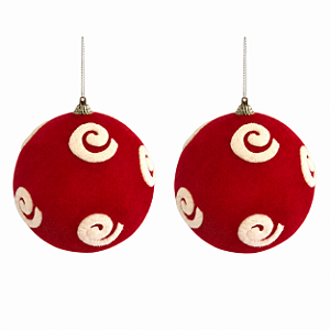 Jogo 2 Bolas de Natal 12cm Acamurçadas Vermelho com Relevo Espiral Branco