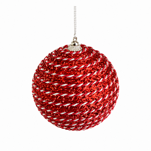 Bola de Natal 12cm Vermelha Com Glitter e Listras Mescladas