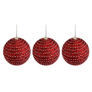 Jogo Com 3 Bolas Natal Ø 12cm Vermelhas Com Listras Mescladas - Papel Mache