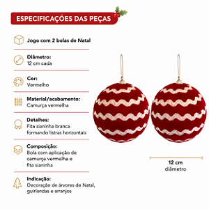 Jogo com 2 Bolas de Natal 12cm Camurça Vermelha com Detalhes de Fitas Brancas